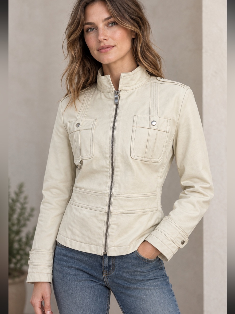 Wilsons Leather Cream Genuine Leather Moto Jacket with Brown Lining